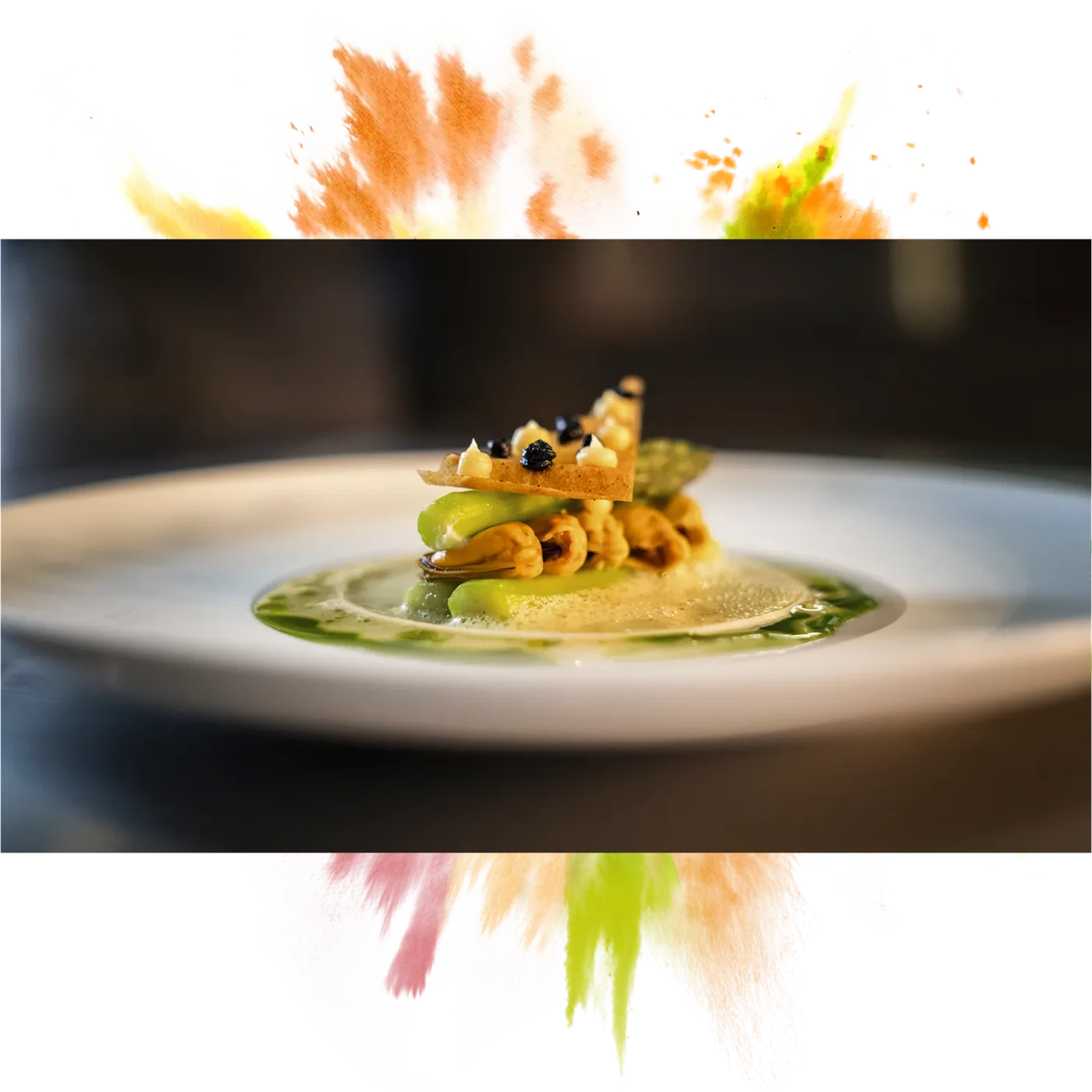 A dish at Restaurant Luwte with green herb oil, framed by watercolour